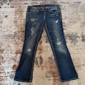 Silver Jeans Dark Blue Distressed Flare Jeans